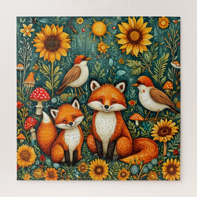 Puzzle Scène forestière avec renards, oiseaux, tournesols (Vertical)