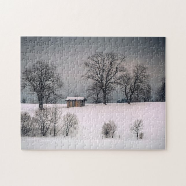 Puzzle Scène hivernale, colline et arbres, cabane (Horizontal)