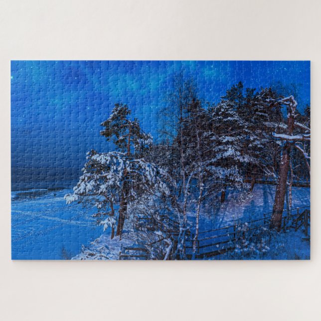 Puzzle Scène hivernale nocturne avec pins enneigés (Horizontal)