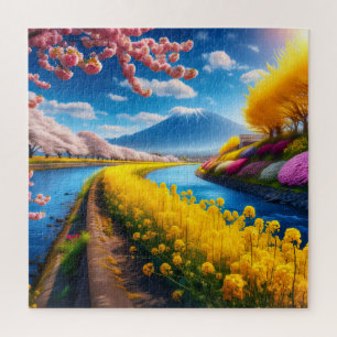 Puzzle Scène printanière avec fleurs de cerisiers et mont