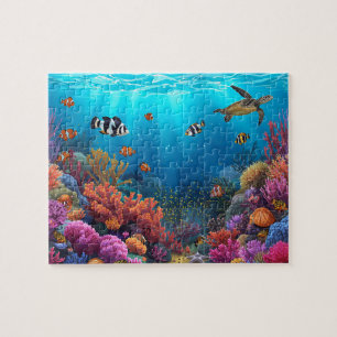 Puzzle Scène vibrante de tortue marine sur un récif coral