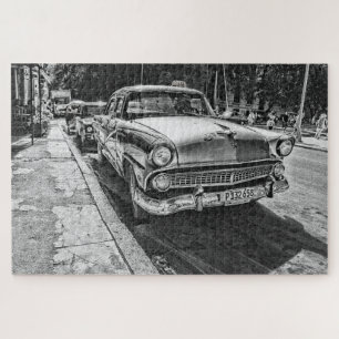 Puzzle Scène vintage de rue Taxi noir et blanc