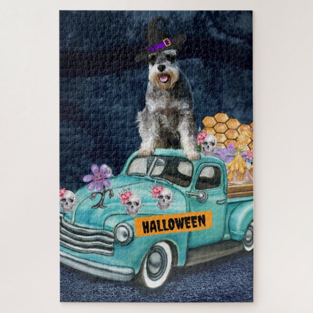 Puzzle Schnauzer Chien Halloween Camion Effrayant nuit (Vertical)