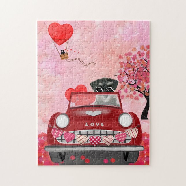 Puzzle Schnauzer Chien Voiture avec coeurs Saint-Valentin (Vertical)