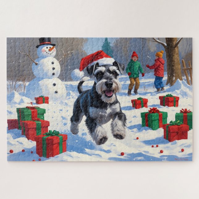 Puzzle Schnauzer courant dans la neige avec un chapeau de (Horizontal)