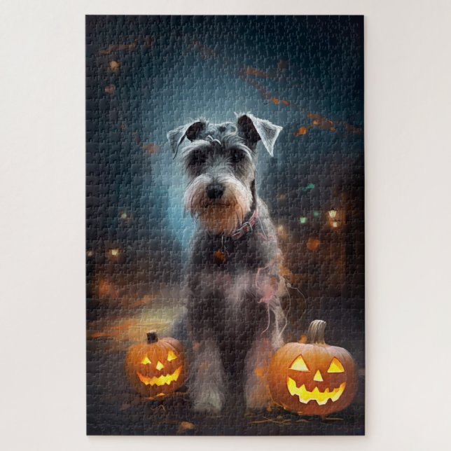 Puzzle Schnauzer Halloween avec citrouilles effrayant (Vertical)