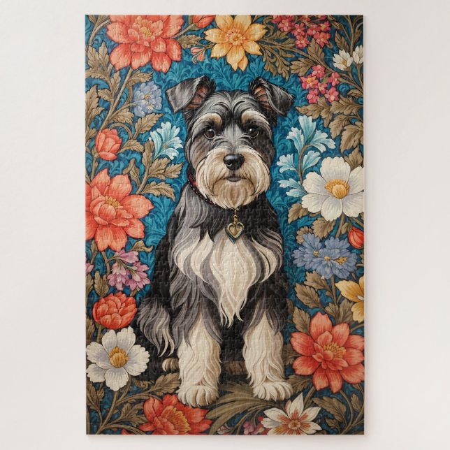 Puzzle Schnauzer joyeux floral inspiré de William Morris (Vertical)