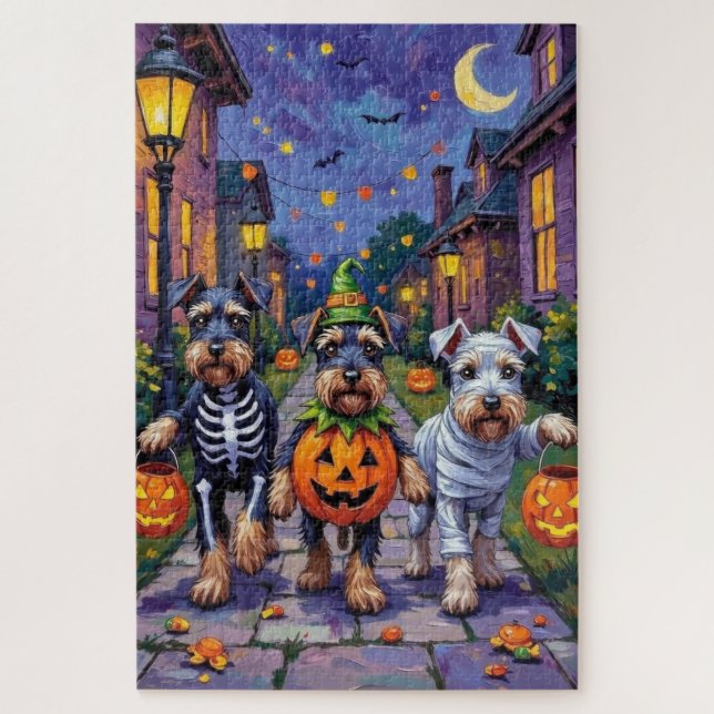 Puzzle Schnauzer Trick-or-Treating in Halloween Costumes (Vertical)