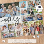 Puzzle Script moderne FAMILLE 16 Photo Collage<br><div class="desc">Créez un puzzle de mémoire photo avec le titre FAMILY dans une typographie de script moderne et personnalisé avec votre nom de famille dans votre choix de texte et couleurs arrière - plans (montré en gris sur blanc). Ce modèle de collage photo facile à télécharger a 16 images de différentes...</div>