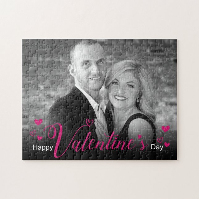 Puzzle Script rose moderne Coeurs chic Black White Photo (Horizontal)