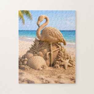 Puzzle Sculpture de sable de flamant rose sur une plage t