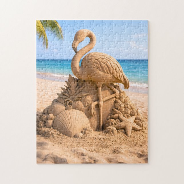 Puzzle Sculpture de sable de flamant rose sur une plage t (Vertical)