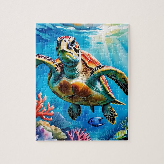 Puzzle Sea Turtle Watercolor Tropical Ocean (Vertical)