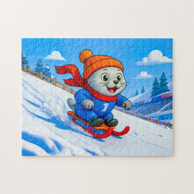 Puzzle Seal Sledding Down a Snowy Mountain Hill (Horizontal)