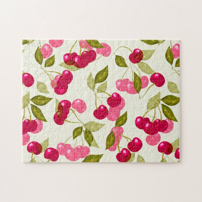 Puzzle Seamless red cartoon cherry berry cute pattern whi (Horizontal)