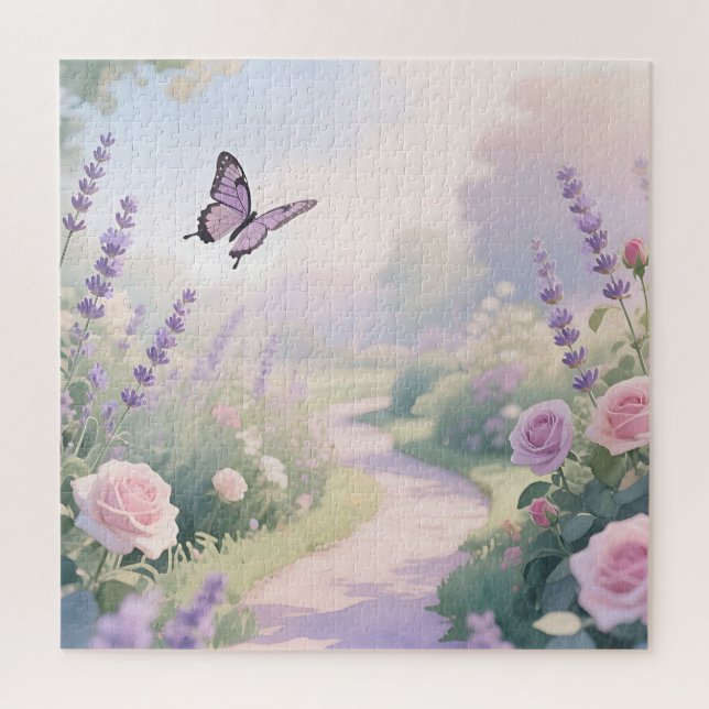 Puzzle Sentier papillon de jardin de roses lavande rêveur (Vertical)
