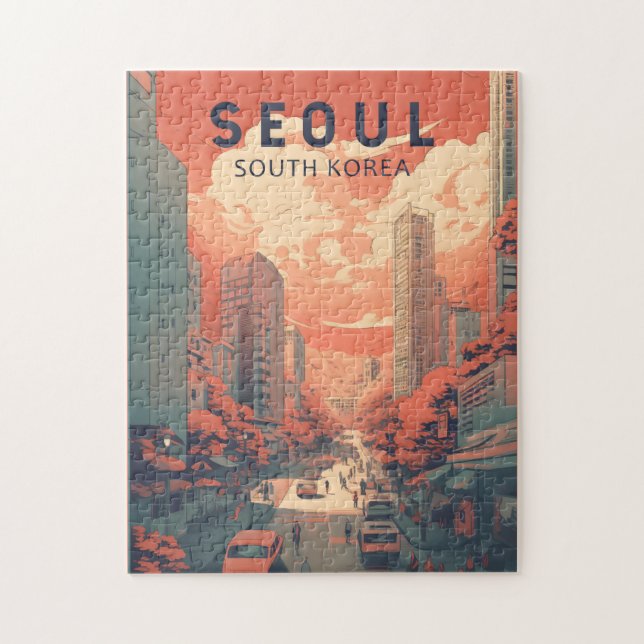 Puzzle Séoul Corée du Sud Illustration Art Vintage (Vertical)