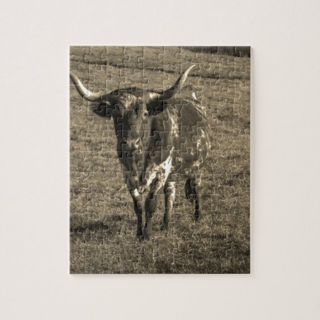 Puzzle Sepia Tone Brown et blanc Longhorn Bull (Vertical)