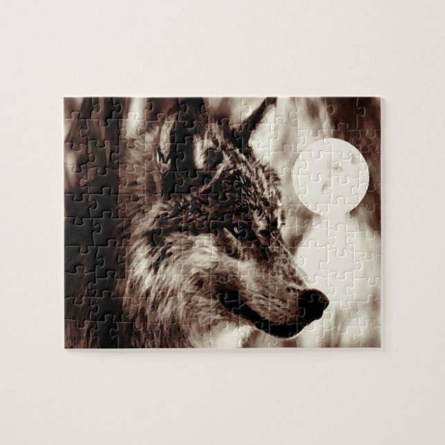 Puzzle Sepia Wolf Motivation Liberté Nuit Plein Lune (Horizontal)