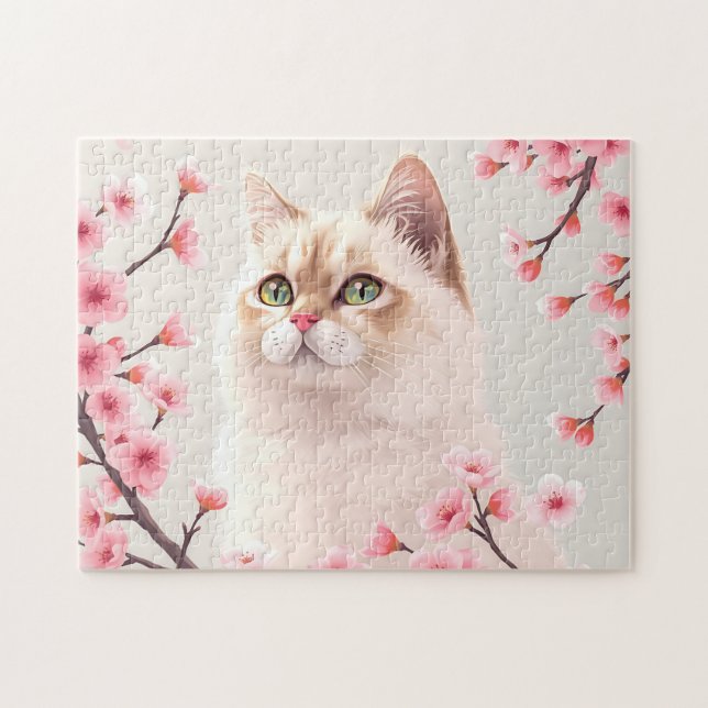 Puzzle Serene Birman Portrait De Chat Avec Fleurs De Ceri (Horizontal)