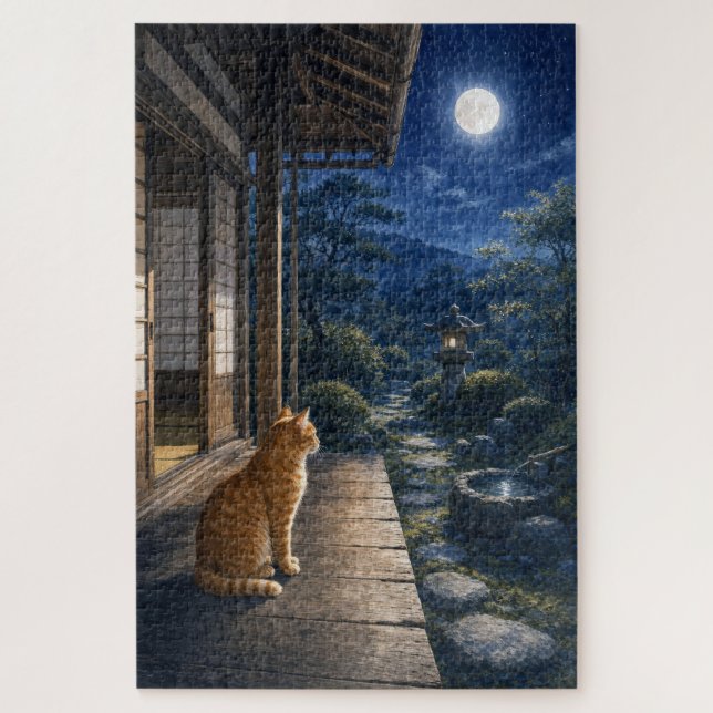 Puzzle series_3_9｜Moonlight Veranda Tabby Cat Art (Vertical)
