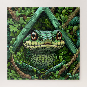 Puzzle Serpent vert vibrant parmi les feuilles épaisses