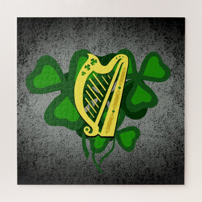 Puzzle shamrock de harpe irlandais, shamrocks verts 4 feu (Horizontal)