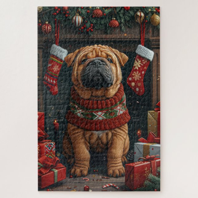 Puzzle Shar Pei avec des cadeaux de Noël Cheminée (Vertical)