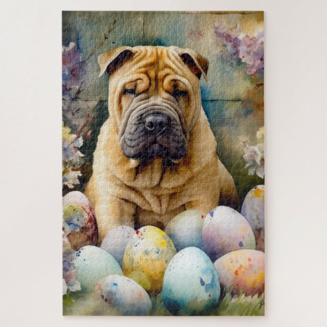 Puzzle Shar Pei Chien avec Oeufs de Pâques Vacances (Vertical)