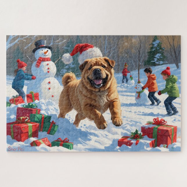 Puzzle Shar Pei courant dans la neige avec un chapeau de  (Horizontal)