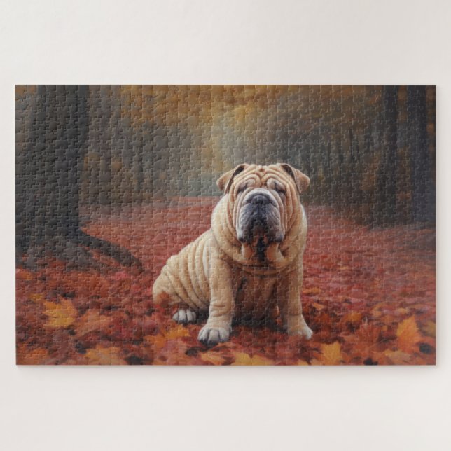 Puzzle Shar Pei dans les feuilles d'automne tombent inspi (Horizontal)