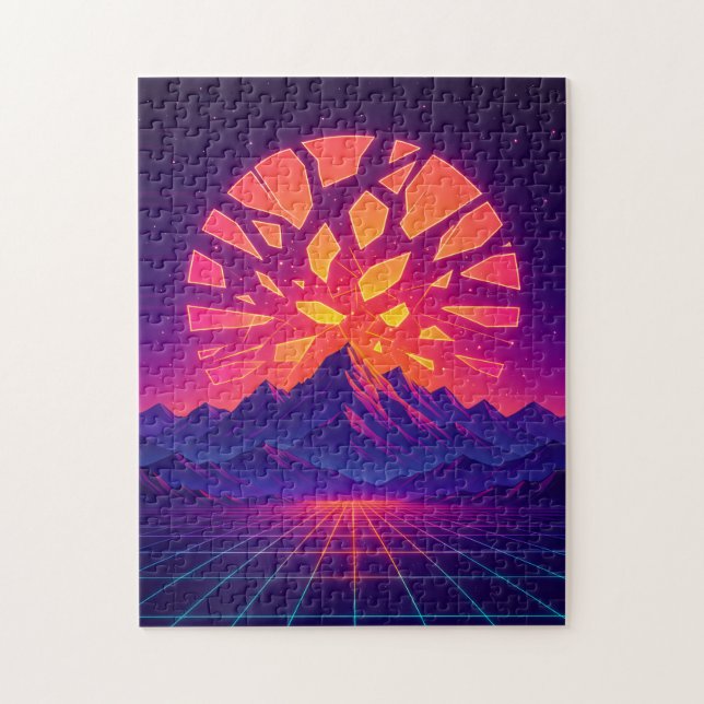 Puzzle Shattered Neon Sun Over Synthwave Mountains  (Vertical)