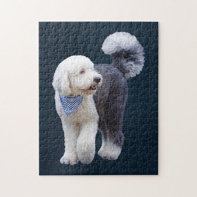 Puzzle Sheepadoodle avec écharpe à carreaux bleus (Vertical)