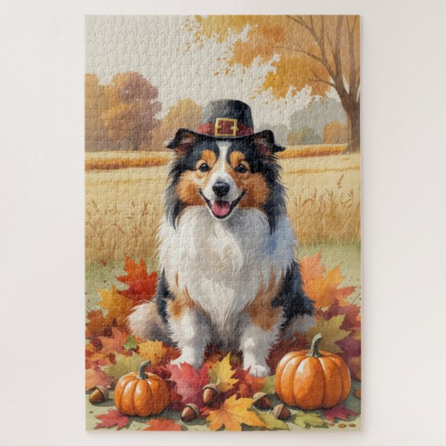 Puzzle Sheltie Feuilles d'automne Art de Thanksgiving (Vertical)