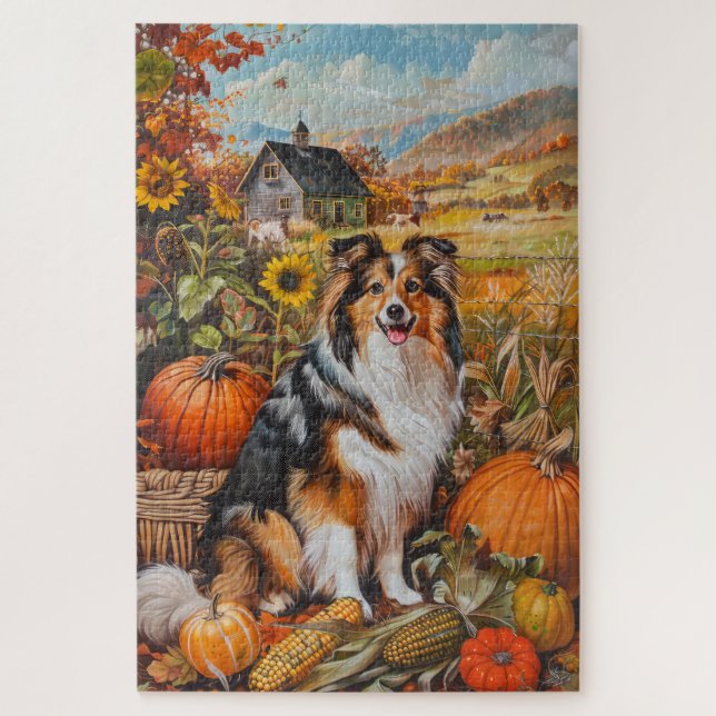 Puzzle Shetland Sheepdog Automne Harvest Thankgiving (Vertical)