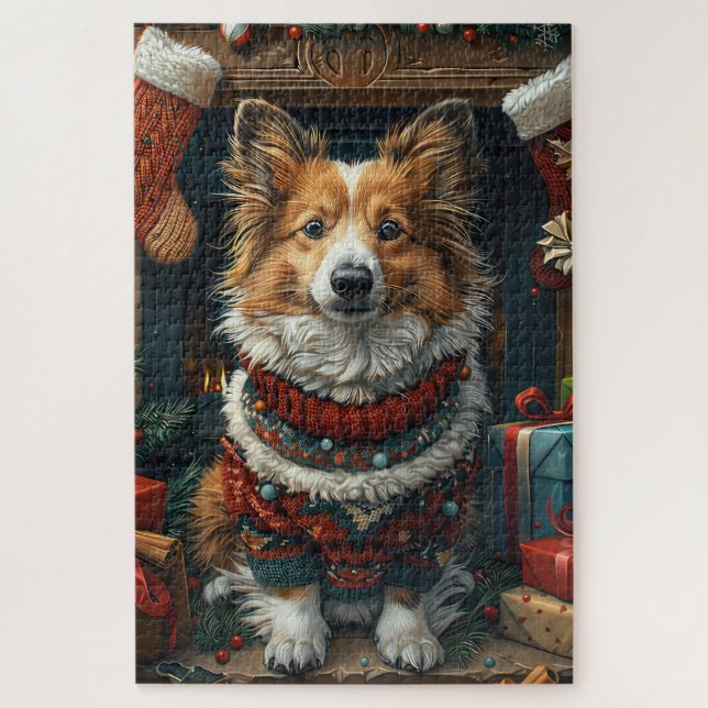 Puzzle Shetland Sheepdog Avec Cheminée Cadeaux De Noël (Vertical)