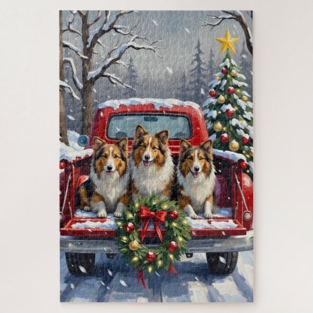 Puzzle Shetland Sheepdog Christmas Red Truck Holiday (Vertical)