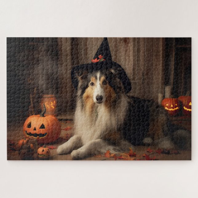 Puzzle Shetland Sheepdog Citrouilles Halloween Épouvantab (Horizontal)