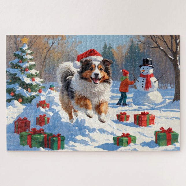 Puzzle Shetland Sheepdog Courir La Neige Avec Le Casquett (Horizontal)