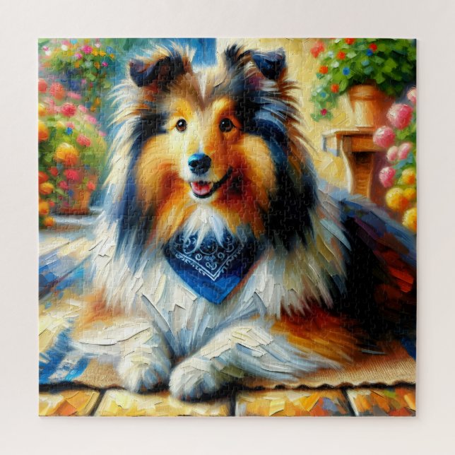 Puzzle Shetland Sheepdog dans Cottage Garden Scène (Vertical)