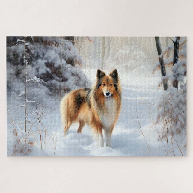 Puzzle Shetland Sheepdog Laissez tomber la neige Noël (Horizontal)