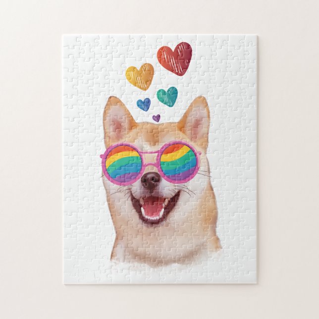 Puzzle Shiba Inu Chien avec Coeurs Saint Valentin (Vertical)