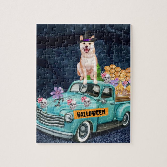 Puzzle Shiba Inu Chien Halloween Camion Effrayant Nuit (Vertical)