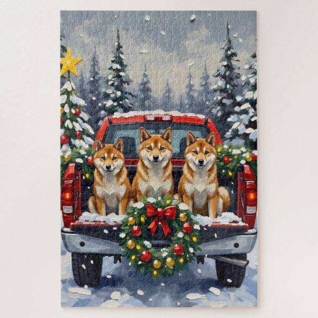 Puzzle Shiba Inu Christmas Red Truck Holiday (Vertical)