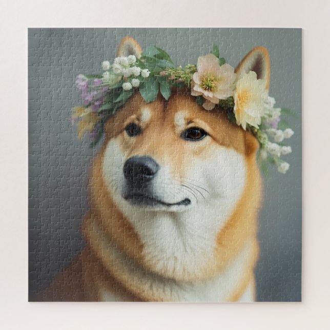Puzzle Shiba Inu, couronne de fleurs (Vertical)