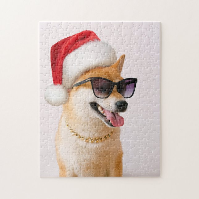 Puzzle Shiba Inu dog in Santa Claus red hats (Vertical)
