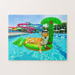 Puzzle Shiba Inu sur un flotteur de palme