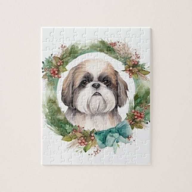 Puzzle Shih Tzu Christmas Wreath Festive Pup (Vertical)