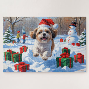 Puzzle Shih Tzu courant dans la neige avec un chapeau de