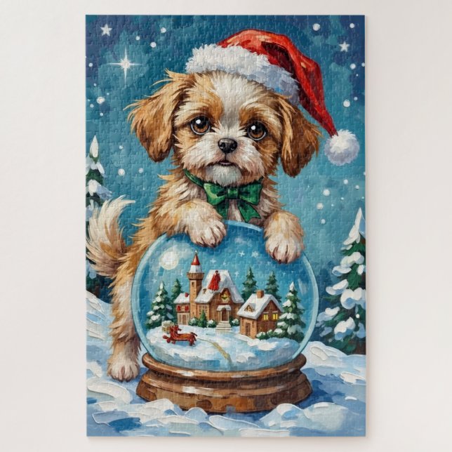 Puzzle Shih Tzu inside Christmas Snow Globe Hat (Vertical)